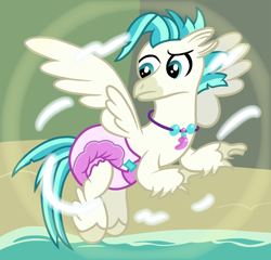 Size: 1900x1827 | Tagged: safe, artist:sweetielover, terramar, hippogriff, g4, beach, diaper, diaper fetish, fetish, jewelry, magic, necklace, non-baby in diaper, pink diaper, poofy diaper, water