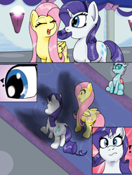 Size: 768x1024 | Tagged: safe, artist:doomfister, artist:mrleft, fluttershy, gallus, ocellus, rarity, changeling, griffon, pegasus, pony, unicorn, series:school snacks, g4, butt, comic, female, mare, plot, sitting, story in the source
