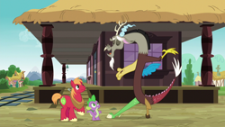 Size: 1280x720 | Tagged: safe, screencap, big macintosh, discord, spike, draconequus, dragon, earth pony, pony, dungeons and discords, g4, eyes closed, male, open mouth, stallion, train station, trio, trio male