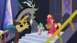 Size: 1280x720 | Tagged: safe, screencap, big macintosh, discord, spike, draconequus, dragon, earth pony, pony, dungeons and discords, g4, confetti, male, open mouth, stallion, trio, trio male, twilight's castle