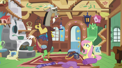 Size: 1280x720 | Tagged: safe, screencap, discord, draconequus, pegasus, pony, dungeons and discords, g4, season 6, clothes, duo, eyes closed, female, fluttershy's cottage, male, open mouth, scarf, sitting, sweater