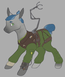 Size: 1000x1186 | Tagged: safe, artist:evvyenvy, oc, oc only, oc:outlook grim, earth pony, pony, fallout equestria, bandaged leg, blue mane, clothes, gray coat, green eyes, holotape, jacket, jumpsuit, leather jacket, leather straps, male, pipbuck, robotic arm, simple background, solo, stable-tec, tied mane, vault suit