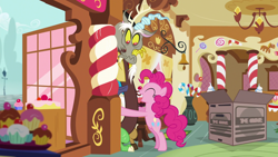 Size: 1920x1080 | Tagged: safe, screencap, discord, pinkie pie, draconequus, earth pony, pony, g4, make new friends but keep discord, season 5, bipedal, cardboard box, duo, eyes closed, female, male, open mouth, personal space invasion, sugarcube corner