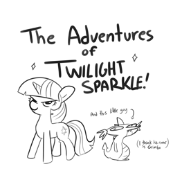 Size: 3000x3000 | Tagged: safe, artist:tjpones, spike, twilight sparkle, dragon, pony, unicorn, g4, black and white, female, grayscale, grimbo, high res, lineart, male, mare, monochrome, simple background, unicorn twilight, white background
