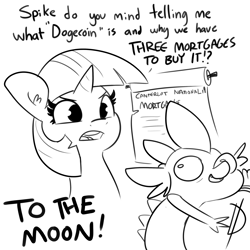 Size: 3000x3000 | Tagged: safe, artist:tjpones, spike, twilight sparkle, dragon, pony, unicorn, g4, bitcoin, black and white, cryptocurrency, current events, dialogue, dogecoin, duo, female, grayscale, high res, lineart, mare, monochrome, mortgage, scroll, simple background, to the moon, unicorn twilight, white background