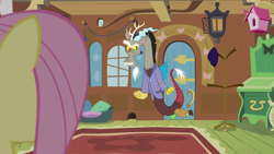 Size: 1920x1080 | Tagged: safe, screencap, discord, fluttershy, draconequus, pony, g4, make new friends but keep discord, bird house, clothes, discord is not amused, fluttershy's cottage, fluttershy's cottage (interior), jacket, mouse hole, offscreen character, solo focus, unamused
