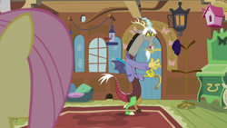 Size: 1920x1080 | Tagged: safe, screencap, discord, fluttershy, draconequus, pony, g4, make new friends but keep discord, bird house, clothes, fluttershy's cottage, fluttershy's cottage (interior), jacket, mouse hole, offscreen character, solo focus