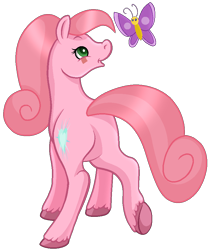 Size: 764x919 | Tagged: safe, artist:tanahgrogot, butterfly, earth pony, pony, g2, aelita schaeffer, butt, code lyoko, female, green eyes, mare, open mouth, pink hair, plot, ponified, simple background, transparent background