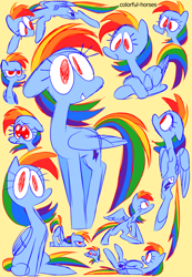Size: 2500x3616 | Tagged: safe, artist:syrupyyy, rainbow dash, pegasus, pony, g4, crossed hooves, face down ass up, female, floppy ears, folded wings, grin, high res, lying down, mare, on back, open mouth, prone, puppy dog eyes, raised hoof, raised leg, simple background, sitting, smiling, solo, spread wings, wings, yellow background