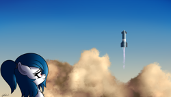 Size: 3496x1980 | Tagged: safe, artist:seafooddinner, oc, oc:spacexpone, earth pony, pony, dust cloud, female, launch, rocket, spacex, starship