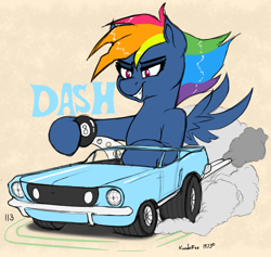 Size: 3832x3638 | Tagged: safe, artist:kundofox, rainbow dash, pegasus, pony, g4, secrets and pies, 1970s, 70s, 8 ball, alternate hairstyle, car, evil pie hater dash, female, ford mustang, high res, hot rod, rat fink, text, wings