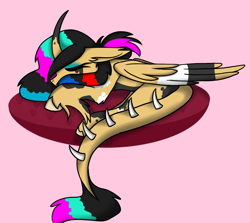 Size: 1513x1349 | Tagged: safe, artist:revenge.cats, alicorn, dragon, hybrid, pony, blank flank, coontails, curved horn, eyelashes, eyeshadow, folded wings, horn, makeup, sleeping, solo, wings