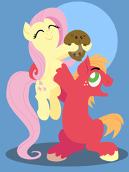Size: 2160x2880 | Tagged: safe, anonymous artist, big macintosh, fluttershy, earth pony, groundhog, pegasus, pony, series:fm holidays, g4, blue background, cute, eyes closed, female, groundhog day, high res, holding a pony, lineless, male, mare, no pupils, ship:fluttermac, shipping, shyabetes, simple background, sitting, smiling, stallion, straight