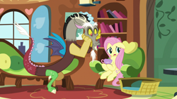 Size: 1920x1080 | Tagged: safe, screencap, discord, fluttershy, draconequus, pegasus, pony, g4, make new friends but keep discord, bird house, cup, cute, discute, duo, female, fluttershy's cottage, fluttershy's cottage (interior), male, mare, mouse hole, sitting, teacup