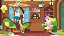 Size: 1920x1080 | Tagged: safe, screencap, discord, fluttershy, draconequus, pegasus, pony, g4, make new friends but keep discord, season 5, bird house, cup, duo, duo male and female, female, fluttershy's cottage, fluttershy's cottage (interior), folded wings, frown, levitation, lidded eyes, looking at each other, looking at someone, magic, male, mare, mismatched wings, mouse hole, open mouth, open smile, sitting, smiling, spread wings, teacup, telekinesis, wings