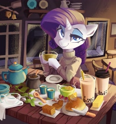 Size: 3601x3849 | Tagged: safe, artist:saxopi, rarity, pony, unicorn, g4, bread, bubble tea, butter, cafe, chair, clothes, crackers, cup, food, high res, horn, knife, leaves, looking at you, plate, saucer, smiling, solo, spoon, straw, sweater, table, tea, teapot