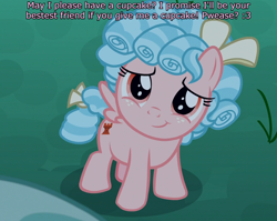 Size: 1292x1030 | Tagged: safe, edit, edited screencap, screencap, cozy glow, pegasus, pony, g4, the summer sun setback, bow, caption, cozybetes, curly mane, cute, female, filly, freckles, grass, small wings, smiling, solo, talking to viewer, text, wings