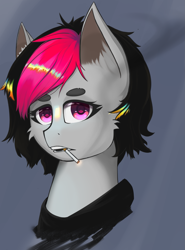 Size: 1429x1931 | Tagged: safe, artist:owlnon, oc, oc only, oc:miss eri, pony, black and red mane, female, smoking, solo, two toned mane