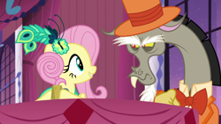 Size: 1920x1080 | Tagged: safe, screencap, discord, fluttershy, g4, make new friends but keep discord, clothes, dress, duo, gala dress, hat, top hat, tuxedo