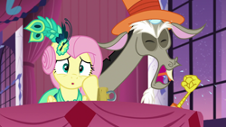 Size: 1920x1080 | Tagged: safe, screencap, discord, fluttershy, g4, make new friends but keep discord, clothes, coughing, dress, duo, gala dress, hat, mug, top hat, tuxedo