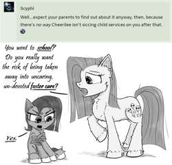 Size: 1650x1583 | Tagged: safe, artist:chopsticks, pinkie pie, oc, oc:cookie cutter, earth pony, pegasus, pony, g4, ask, ask cookie cutter, butt fluff, cheek fluff, chest fluff, dialogue, ear fluff, fangs, female, filly, foal, mare, monochrome, mother and child, mother and daughter, pinkamena diane pie, raised hoof, sitting, sketch, text, unshorn fetlocks, wing hands, wings