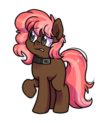 Size: 866x1044 | Tagged: safe, artist:paperbagpony, oc, oc:scarlet trace (coffee bean), earth pony, pony, collar, earth pony oc, female, freckles, mare, nervous