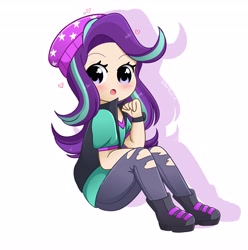 Size: 4063x4096 | Tagged: safe, artist:kittyrosie, starlight glimmer, equestria girls, g4, beanie, chibi, cute, digital art, female, glimmerbetes, hat, simple background, sitting, solo, white background