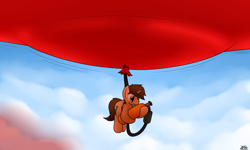 Size: 3440x2060 | Tagged: safe, artist:the-furry-railfan, oc, oc only, oc:bobby seas, pony, unicorn, balloon, carrying, cloud, cloudy, floating, helium tank, high res, hose, inflation, p 235, string