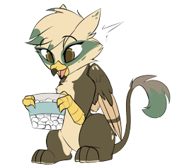 Size: 1507x1432 | Tagged: safe, artist:beardie, oc, oc only, oc:dillinger, griffon, food, griffon oc, holding, marshmallow, pale belly, solo, two toned wings, wings