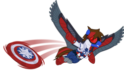 Size: 1280x797 | Tagged: safe, artist:mlp-trailgrazer, oc, oc only, oc:jordan, pegasus, pony, captain america, clothes, cosplay, costume, falcon (marvel), male, shield, simple background, solo, stallion, transparent background