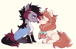 Size: 2394x1536 | Tagged: safe, artist:pandemiamichi, oc, oc only, oc:ares, oc:kore, hybrid, pegasus, pony, unicorn, chibi, duo, female, flower, flower in mouth, interspecies offspring, kirin pony hybrid, magical lesbian spawn, male, mare, mouth hold, offspring, parent:applejack, parent:autumn blaze, parent:discord, parent:rarity, parents:autumnjack, parents:raricord, simple background, stallion, tongue out, white background