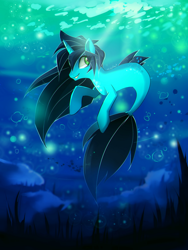 Size: 1050x1400 | Tagged: safe, artist:skyeypony, oc, oc only, fish, seapony (g4), unicorn, bubble, crepuscular rays, eyelashes, fish tail, flowing mane, flowing tail, green eyes, horn, ocean, seaponified, seaweed, signature, smiling, solo, species swap, sunlight, tail, teeth, underwater, water