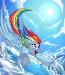 Size: 3553x4096 | Tagged: safe, artist:ask-colorsound, rainbow dash, pegasus, pony, g4, cloud, female, flying, high res, mare, open mouth, sky, solo, spread wings, water, wave, windswept mane, wings
