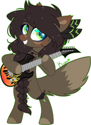 Size: 2174x2979 | Tagged: safe, artist:kurosawakuro, oc, oc only, oc:mishka, earth pony, pony, base used, bipedal, guitar, high res, musical instrument, simple background, solo, transparent background