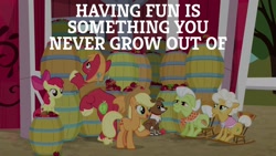 Size: 1920x1080 | Tagged: safe, edit, edited screencap, screencap, apple bloom, applejack, big macintosh, goldie delicious, granny smith, winona, dog, earth pony, pony, g4, going to seed, season 9, apple, applejack's hat, bow, cowboy hat, female, filly, food, hat, male, open mouth, sitting