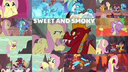 Size: 1968x1109 | Tagged: safe, edit, edited screencap, editor:quoterific, screencap, baby cinder, baby pinpoint, baby rubble, baby sparks, baby stomp, billy, clump, fluttershy, garble, princess ember, smolder, spear (g4), spike, dragon, pegasus, pony, g4, sweet and smoky, angry, baby, baby dragon, bloodshot eyes, covering, crying, dragoness, ducking, egg, eyes closed, female, firebreathing, hooves on cheeks, lava, male, open mouth, puppy dog eyes, sitting, tears of pain, winged spike, wings