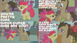 Size: 2000x1125 | Tagged: safe, edit, edited screencap, editor:quoterific, screencap, apple bloom, doctor whooves, time turner, earth pony, pony, unicorn, call of the cutie, g4, angry, apron, bipedal, bow, clothes, duo, female, male, open mouth, scared, shocked, stallion, walking
