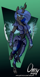 Size: 400x777 | Tagged: safe, artist:omny87, oc, oc only, oc:queen noctuidae, changeling, changeling queen, anthro, unguligrade anthro, anthro oc, armor, blue changeling, blue eyes, changeling oc, changeling queen oc, crown, female, jewelry, patreon, patreon reward, regalia, solo, sword, weapon