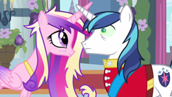 Size: 1280x720 | Tagged: safe, screencap, princess cadance, shining armor, alicorn, pony, unicorn, a canterlot wedding, g4, duo, eye shimmer, female, male, mind control, scratches, ship:shiningcadance, shipping, straight