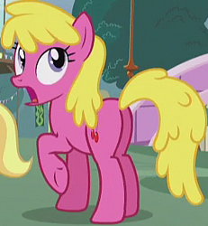 Size: 293x317 | Tagged: safe, screencap, cherry berry, cloud kicker, earth pony, pony, g4, season 5, slice of life (episode), butt, cherryplot, cropped, female, gasp, looking up, mare, offscreen character, open mouth, plot, raised hoof, solo