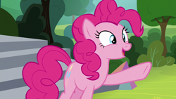 Size: 1920x1080 | Tagged: safe, screencap, pinkie pie, earth pony, pony, g4, horse play, female, mare, open mouth, raised hoof, solo