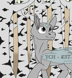 Size: 1463x1588 | Tagged: safe, artist:rokosmith26, pony, advertisement, commission, forest, looking up, simple background, smiling, solo, text, your character here