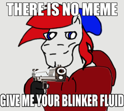 Size: 972x872 | Tagged: safe, artist:end credicts, oc, oc:apex soundwave, earth pony, pony, blinker fluid, car, chad, clothes, gun, implied car, male, meme, shitposting, stallion, weapon