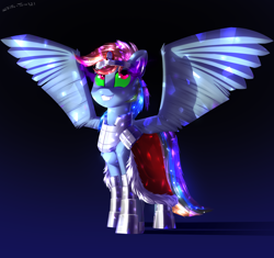 Size: 3300x3100 | Tagged: safe, artist:shido-tara, rainbow dash, crystal pony, pegasus, pony, g4, armor, cloak, clothes, commission, commissioner:reversalmushroom, evil grin, glowing eyes, grin, high res, looking back, simple background, smiling, sombra eyes