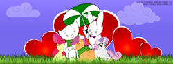 Size: 6000x2221 | Tagged: safe, artist:trixxiedk, apple bloom, scootaloo, sweetie belle, cat, earth pony, pegasus, pony, rabbit, unicorn, g4, animal, cloud, crossover, cutie mark crusaders, female, filly, grass, heart, there she is!, umbrella