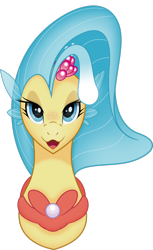 Size: 1920x3141 | Tagged: safe, artist:negatif22, artist:sakuracheetah, princess skystar, seapony (g4), g4, my little pony: the movie, bioluminescent, blue eyes, bust, eyelashes, female, flower, flower in hair, flowing mane, freckles, jewelry, lidded eyes, looking at you, movie accurate, necklace, open mouth, pearl necklace, portrait, simple background, smiling, solo, transparent background
