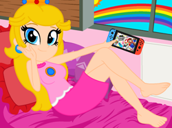 Size: 1182x884 | Tagged: safe, artist:noreentheartist, artist:user15432, goomba, human, shy guy, yoshi, equestria girls, g4, barefoot, barely eqg related, base used, bed, bedroom, bowser, bowser jr, clothes, controller, crossover, crown, dress, ear piercing, earring, equestria girls style, equestria girls-ified, feet, jewelry, joycon, looking at you, luigi, male, mario, mario party, nintendo, nintendo switch, piercing, pillow, pink dress, princess daisy, princess peach, princess rosalina, rainbow, regalia, rosalina, solo, sports outfit, sun, super mario bros., super mario party, toadette, waluigi, window