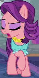 Size: 363x732 | Tagged: safe, screencap, spoiled rich, earth pony, pony, a horse shoe-in, g4, arrogant, cropped, eyes closed, eyeshadow, female, makeup, mare, raised eyebrow, raised hoof, solo
