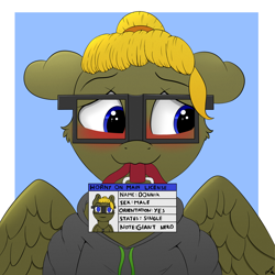 Size: 2000x2000 | Tagged: safe, artist:h3nger, oc, oc only, oc:donnik, pegasus, pony, blushing, clothes, floppy ears, glasses, high res, hoodie, horny on main, male, mouth hold, pegasus oc, signature, solo, stallion, wings