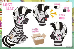Size: 1200x798 | Tagged: safe, artist:jennieoo, oc, oc only, oc:lost way, pony, zebra, cutie mark, happy, laughing, reference sheet, show accurate, sitting, smiling, smug, solo, vector, zebra oc
